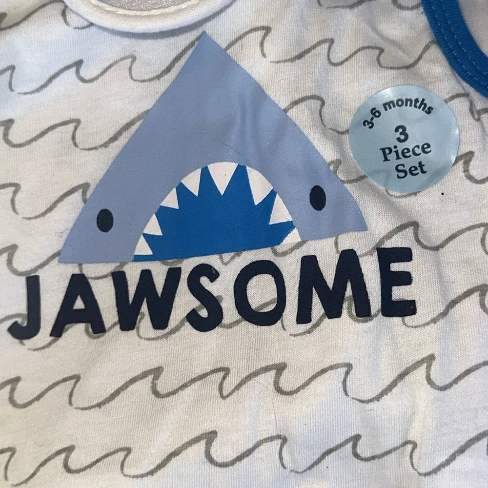 Cutie Pie Baby Boys 3 Piece Shark Jawsome Set Bodysuit Shorts Booties 3-6M Blue